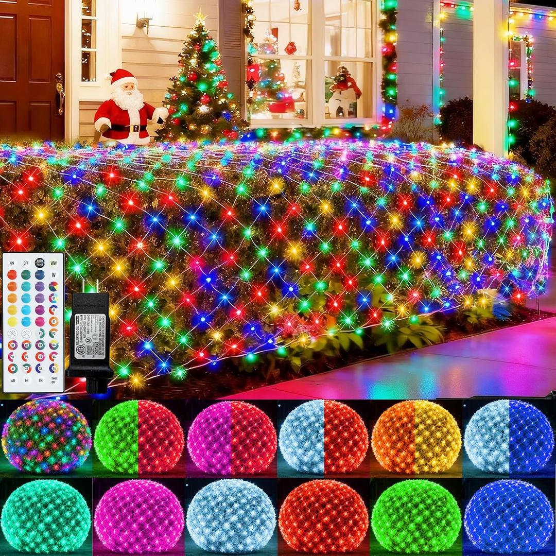 Pooqla RGB Christmas Net Lights, Color Changing Outdoor LED Mesh Lights, 14.8x4.9 ft 240 LED Christmas Outdoor Net Light, Connectable Plug in Waterproof Tree Light Bushes Decor (Green Wire)