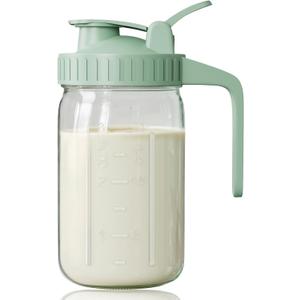 Breast Milk Pitcher, Mason Jar 32 oz, Heavy Duty Wide Mouth Jar with Green Flip Cap Lid and Pour Spout, Airtight Seal for Freshness and Convenience, Great for Cold Beverages and Home Entertaining