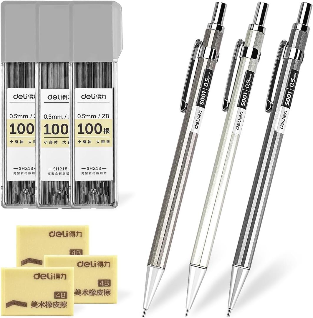 deli 0.5mm Metal Mechanical Pencil Set, 3 PCS Mechanical Pencils with 3 Tubes 2B Lead Refills and 3 Erasers, Writing & Drawing Pencil Kit for Back to School Stationery Supplies(Random Color)