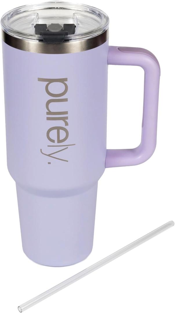 PURELY 40 oz Ceramic Lined Insulated Tumbler with Handle, Leak Resistant 2-way Lid and Straw, Ceramic Lined Travel Mug (Purple, 40oz)