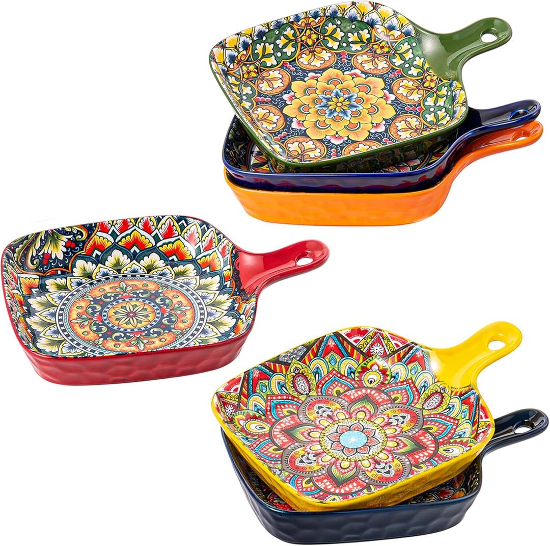 Henten Home Ceramic Square Bowls with Handle, Porcelain 17 oz Salad Bowls Set of 6, Colorful Serving Bowl for Snack, Dishwasher & Microwave Safe