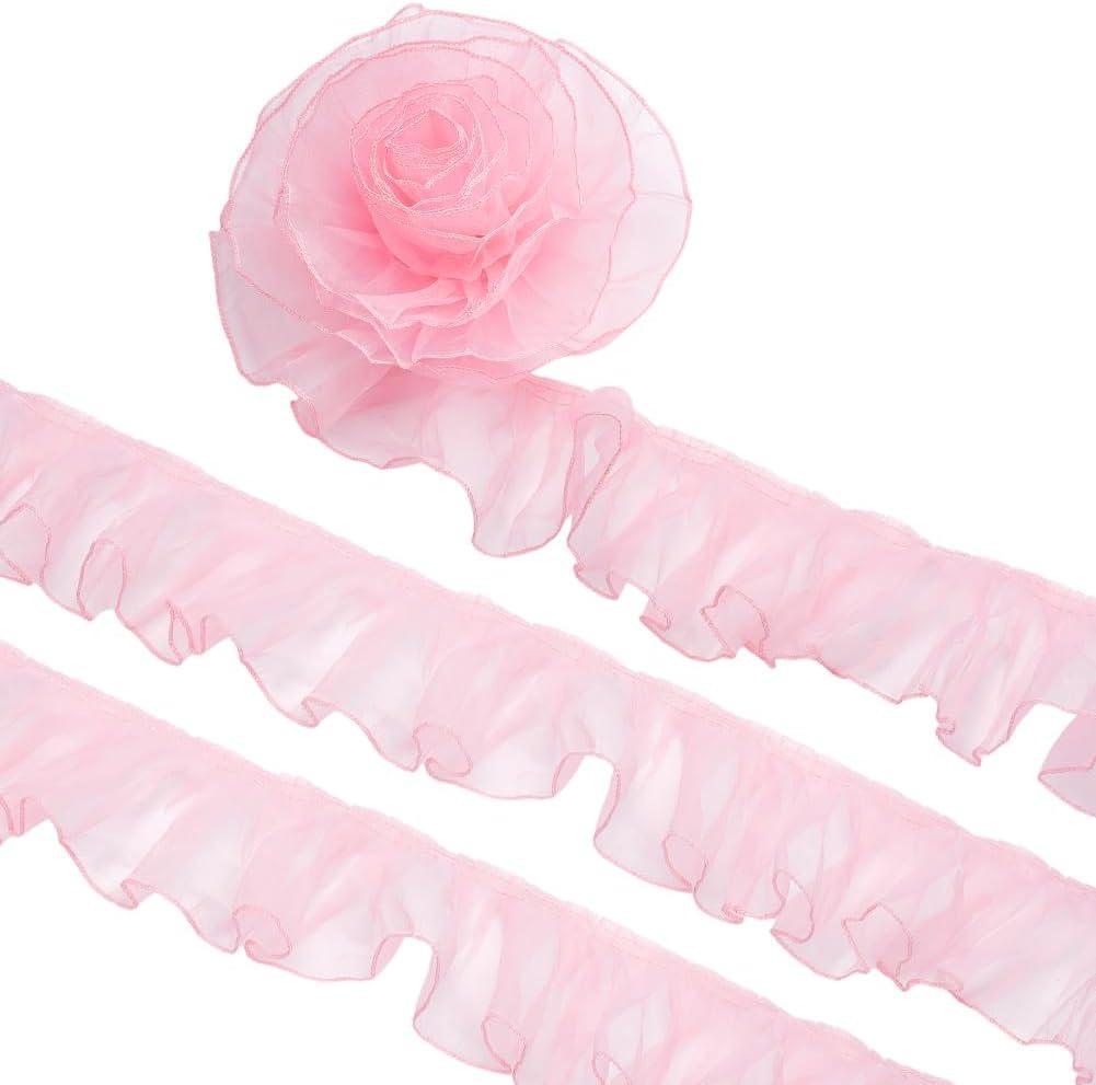 BENECREAT 8 Yards Pink Organza Ruffled Pleated, 3.7 Inch Organza Ruffled Fabric Lace Fabric Trim for Halloween Sewing Dress Bag Costume Decoration Trimming Craft