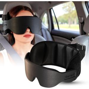 SARISUN Travel Pillow, Car Travel Pillow with 3D Eye Mask for Sleep, 360 Head Support Strap for All Car Seat, Road Trip Essentials, Stop Bobblehead, Black