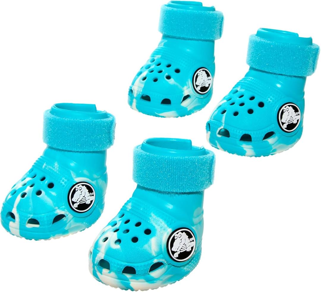 BarkBox Aqua Crocs Dog Shoes – Set of 4 Glow-in-The-Dark Dog Booties with EVA Foam, Adjustable Strap & Non-Slip Sole – Comfortable Paw Protection for Small Breeds (15–25 lbs) Small, Aqua