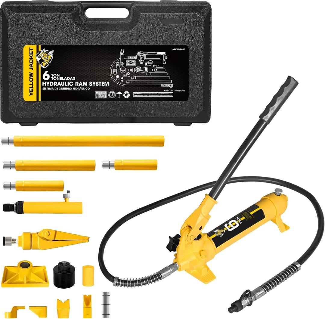 YELLOW JACKET 6 ton Porta Power Kit Hydraulic Ram Jack Pusher Puller Auto Body Frame Repair Tool with Blow Mold Carrying Storage Case for Car Repair,Truck,Farm