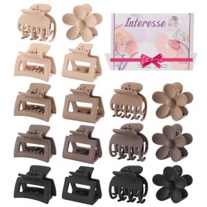 4 PCS Small Claw Clips, Matte Hair Clips for Women and Girls, Medium Rectangle Hair Claws, Brown Flower Hair Clips for Thin Hair