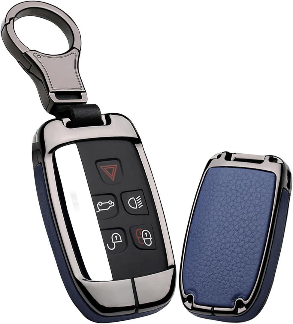 ontto Key Cover Fit for Land Rover Key Case Metal Leather Key Holder with Keychain (Black metal shell, Blue-b)