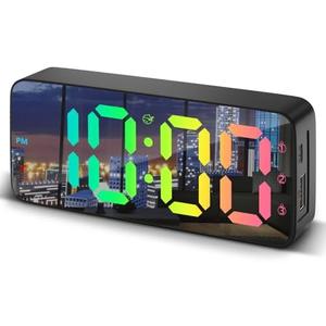 Digital Alarm Clocks for Bedrooms, Dimmable Three Alarm 12/24Hr and Snooze, Plug in LED Digital Clock Large Display for Heavy Sleepers Adults Teens with USB Charger-(Black+Mirror)