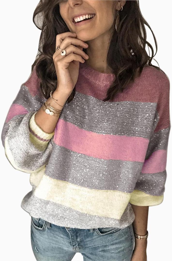 ANCAPELION Womens Casual Sweater Pullover Winter Basic Sweatshirt Long Sleeve Cozy Knitted Jumper Tops Loose Fit (Large, Gradient Pink)