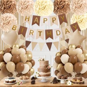 Brown Birthday Decorations for Women with Nude Beige Paper Pompoms Dark Brown Sand White Metallic Gold Balloons Fringe Curtain Banner for Boho Neutral Birthday Decorations