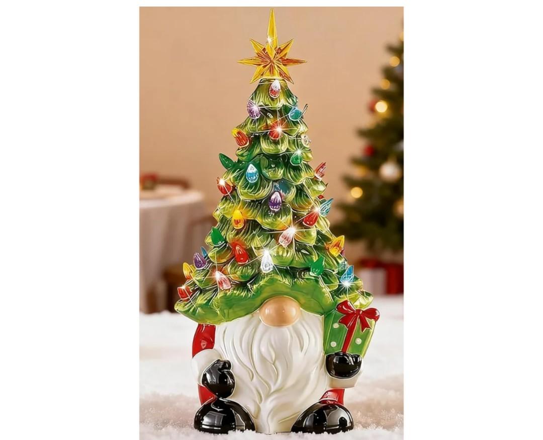 Lighted Up Christmas Gnome Tree Decorations, DIY Ceramic Gnome Christmas Tree with Multicolored Lights, Mini Faceless Old Man Prelit Xmas Holiday Decor for Tabletop Home Room Fireplace Office