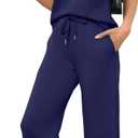 Saloogoe Two Piece Sets for Women Summer Outfits Lounge Sets V Neck Tops Wide Leg Pants Woman Vacation Travel Outfits (Medium), Navy Blue