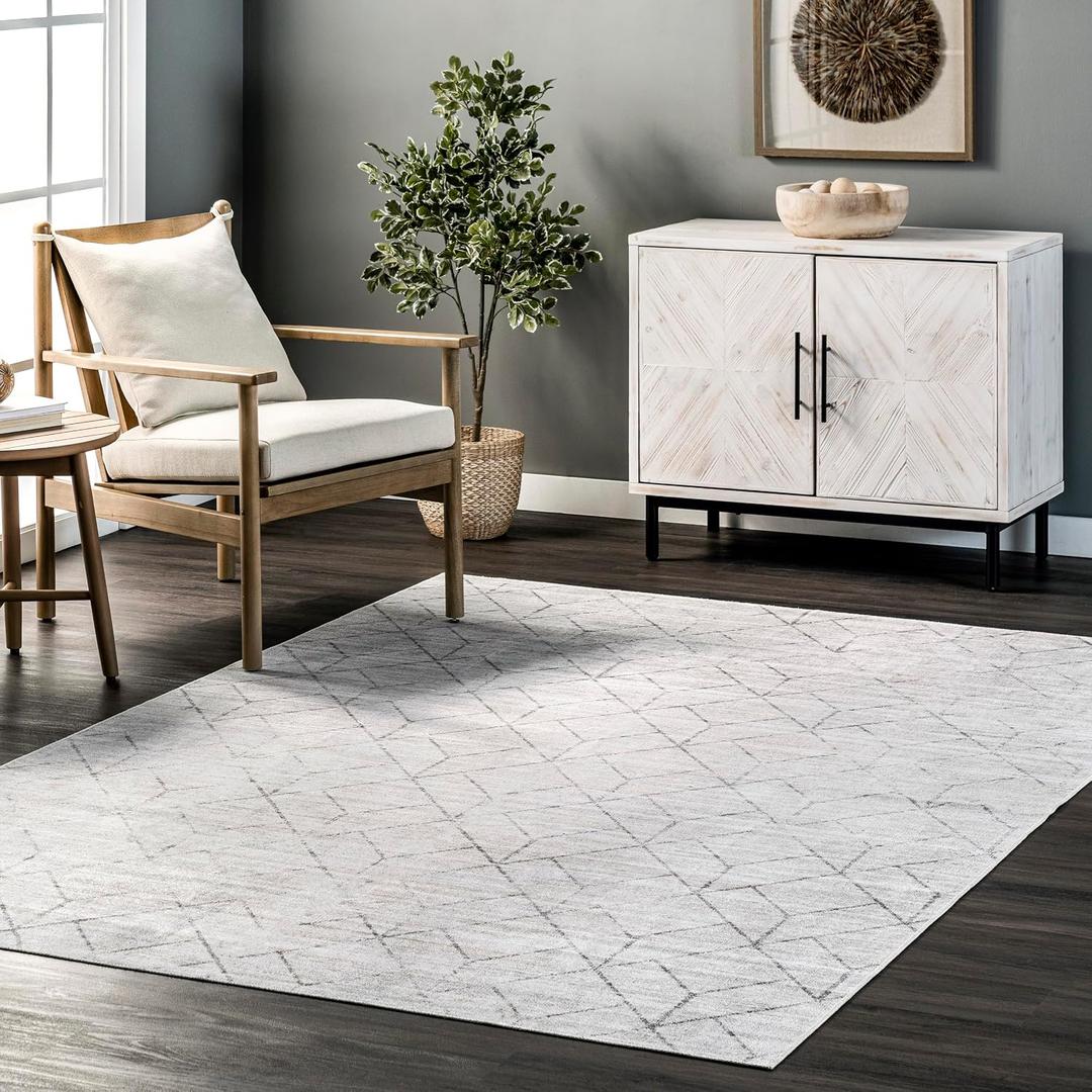 Nuloom SpinClean Regan Light Grey/Ivory, 6' x 9', Geometric, Soft and Cozy, High Traffic, Stain Resistant, Easy Clean, Durable, Machine Washable Area Rug for Bedroom, Living Room, Dining, Den, Foyer