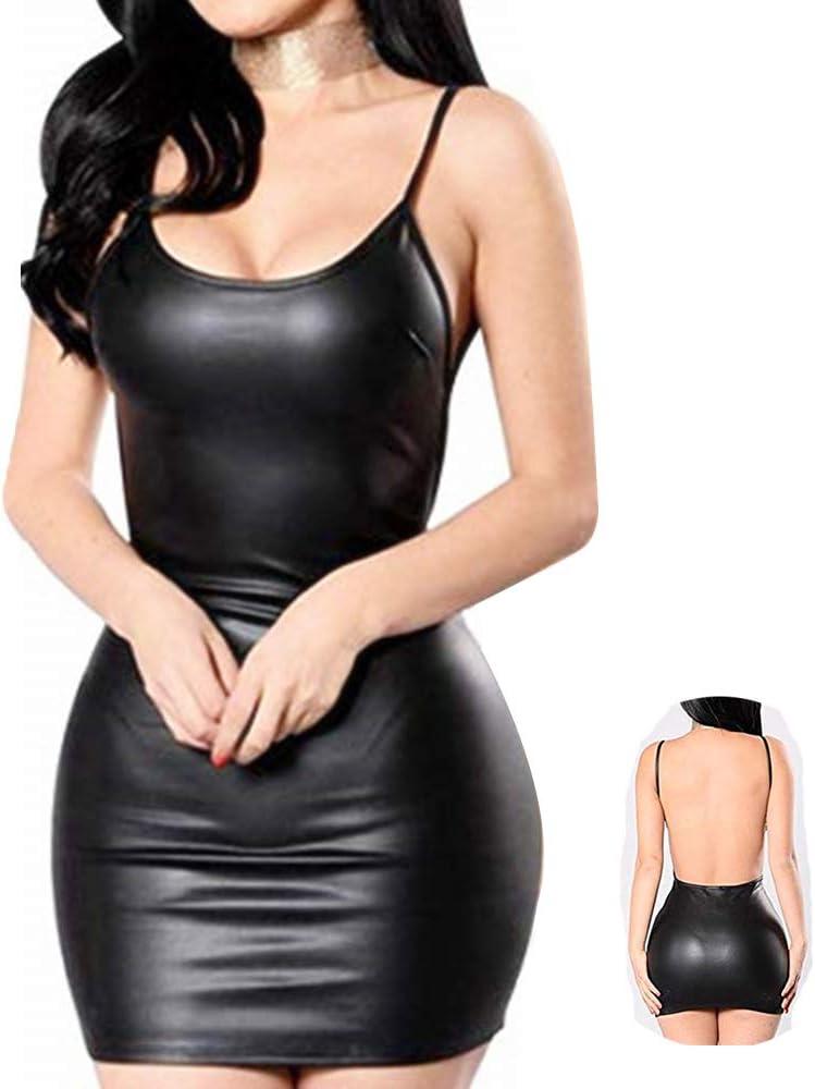 Women Latex Dress Sleeveless V-Neck Clubwear Party Backless Leather Lingerie (Large, Black)