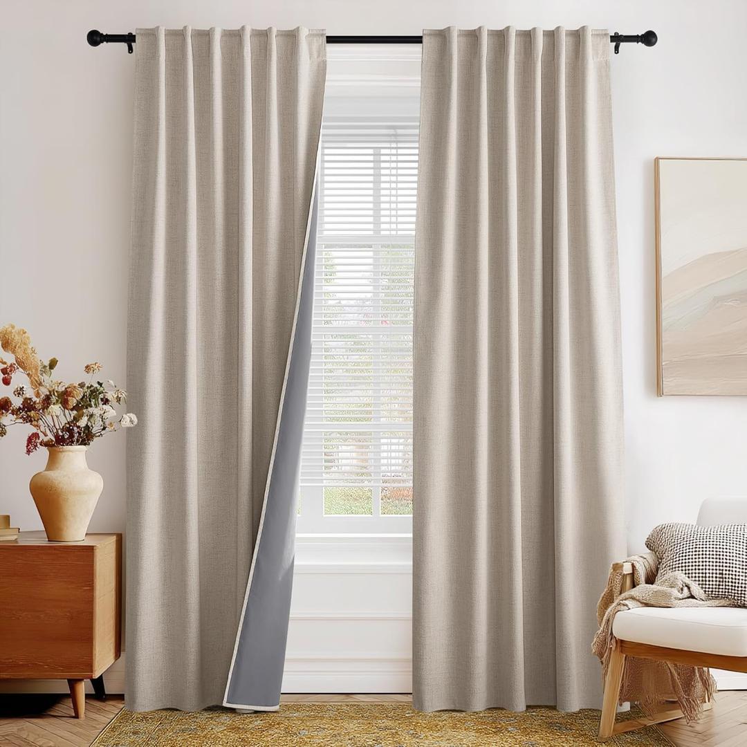 PONY DANCE Linen 100% Blackout Curtains 96 inch Long for Bedroom Living Room Darkening Full Black Out Rod Pocket Back Tab Textured Thermal Insulated Window Curtain Drapes, 2 Panels Set, Natural Beige