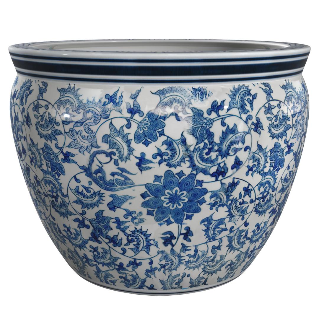 Red Lantern 14" Floral Blue & White Porcelain Fishbowl Planter or Cachepot for Indoor/Outdoor Use in Garden Entryway Living Room Boho Eclectic Modern Contemporary Classic Traditional Style Decor