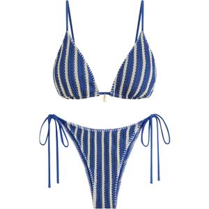 ZAFUL Women's Triangle Bikini Set Crochet String Cheeky Swimsuit Sexy Halter Lace 2 Piece Bathing Suits (Blue, S)