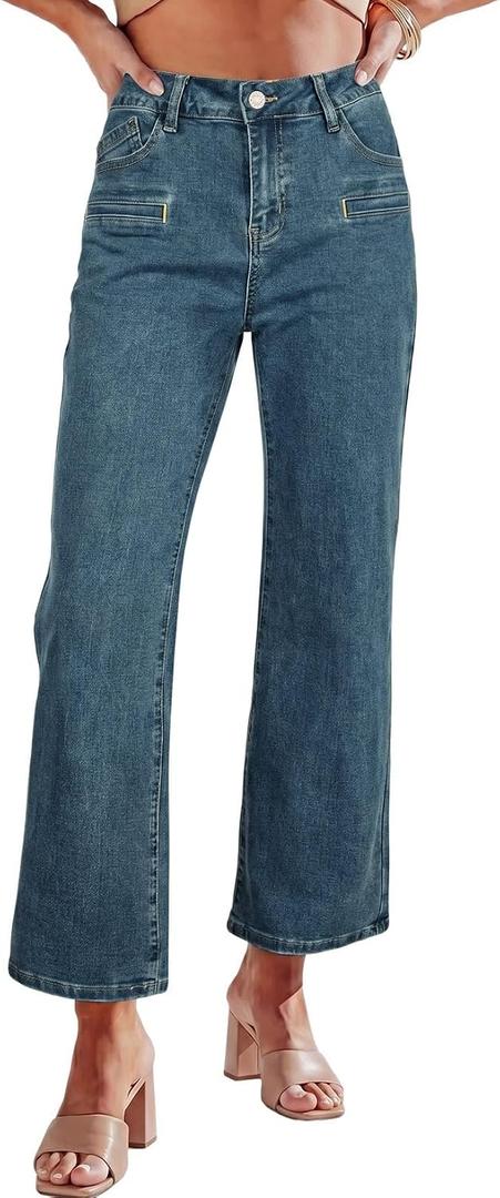 Astylish Women's Trendy Straight Leg Stretchy Jeans Mid High Waisted Cropped Jeans Wide Leg Denim Pants (Blue),Size 14