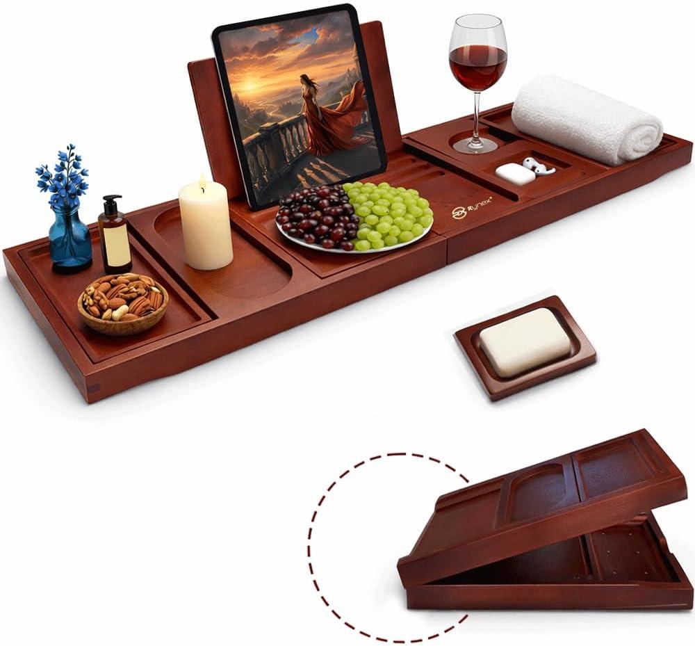Bathtub Tray & Bath Tray for Tub Expandable Bamboo Bath tub Tray, Bathtub Caddy, Adjustable Foldable Waterproof Bath Trays for tub with Phone, Glass, Book & Tab Holder (Free Soap Dish)
