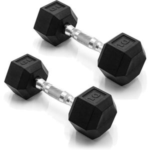 CAP 10 LB Rubber Coated Hex Dumbbell Weight, Rubber Hand Weights for Home Gym Strength Training, Chrome Handle, Pair