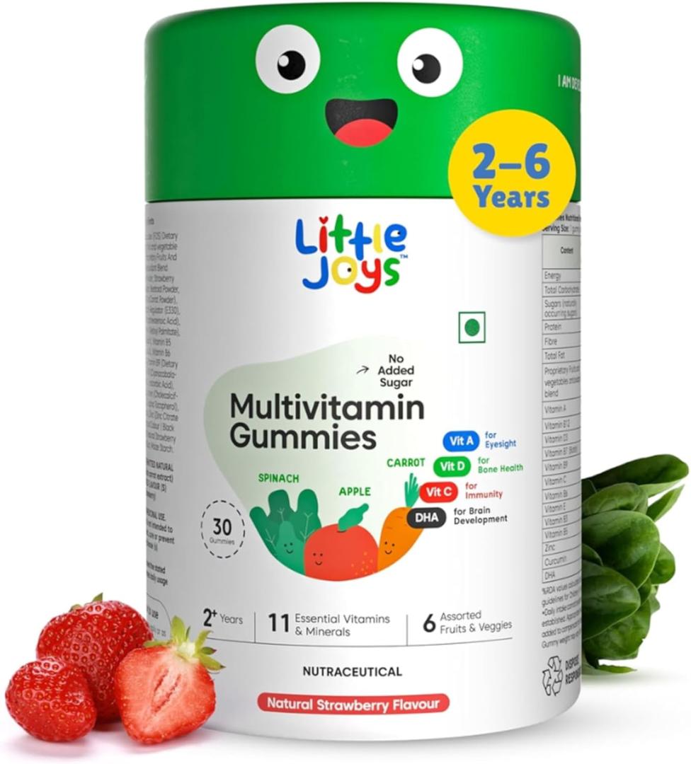 Little Joys Kids Multivitamin Gummies I Fiber-Based prebiotic Gummy | 2+Years I DHA (Omega-3), Vitamin C & D, B12, A, Zinc | Immunity & Bone Health | Sugar Free | Non GMO | Strawberry I 30 Day Pack