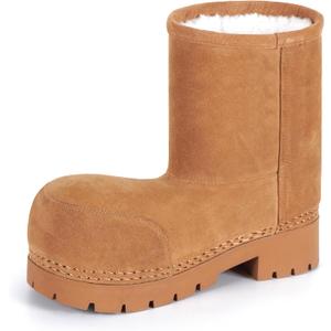 Faux Suede Platform Fuzzy Snow Boots Round Toe Hippy Winter Boots Slip On Knee High Chunky Heel Fur Tall Boots for Women (8, Chestnut Mid)