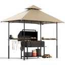 8x5 Grill Gazebo - Outdoor BBQ Canopy Shelter Party Tent with Double Tiered Vented Top and 2 Side Shelves for Patio Backyard Grilling Barbecue Picnic, Beige