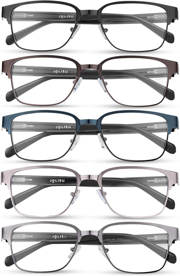 JOLISU 5PCS Reading Glasses Men - Blue Light Blocking Metal Frame for Mens/Women - Durable Readers Fit Read 1.50x