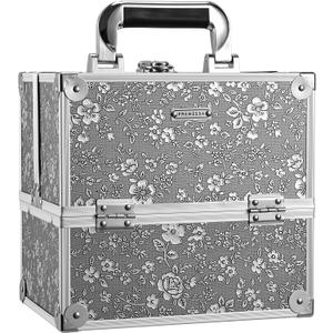 Frenessa Makeup Case Makeup Box Cosmetic Organizer Case Portable Make Up Travel Case Storage Box 4 Trays with Dividers Lockable Hard Train Case Nail Tech Supply Storage, Silver Floral