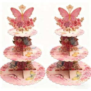 3 Tier Cardboard Cupcake Stand with Butterfly Decoration Assembled Dessert Stand for Birthday Parties Girls and Boys (2PCS)