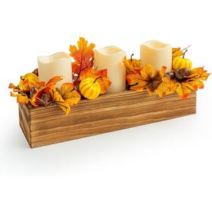 Thanksgiving Centerpiece with 3 Flameless Candle, Harvest Centerpiece Candle Holder Autumn Fall Decorations Artificial Pumpkin Maple Leaf for Thankgiving Table Kitchen Décor Autumn Candles (15"L x 4"W x 7"H)