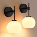 Battery Operated Wall Sconces Set of 2, Rechargeable Wall Lights with Milk Glass Shade, 12 RGB and 3CCT Dimmable, Wireless Wall Lamps with Remote for Bedroom Living Room Hallway, Black