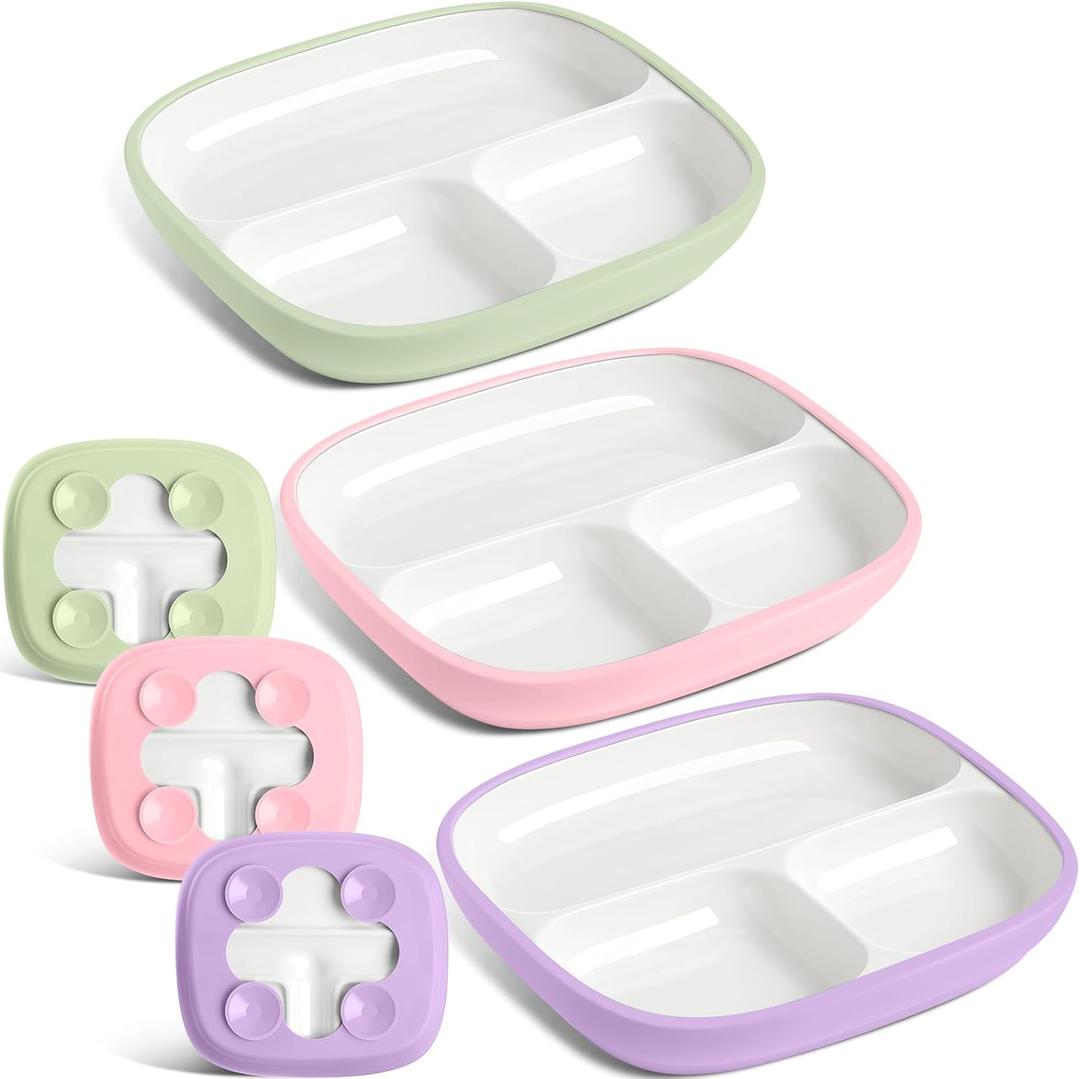 Domensi 3 Sets Kids Porcelain Plates with Silicone Sleeves 8.2 Inch Divided Porcelain Plate Toddler White Suction Dishes for Baby Troubleless Eating Microwave Dishwasher Safe (Classic)