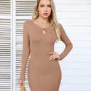 VICHYIE Women Square Neck Ribbed Bodycon Tight Dress Long Sleeve Mid Thigh Pencil Above Knee Dresses (Beige, XL)