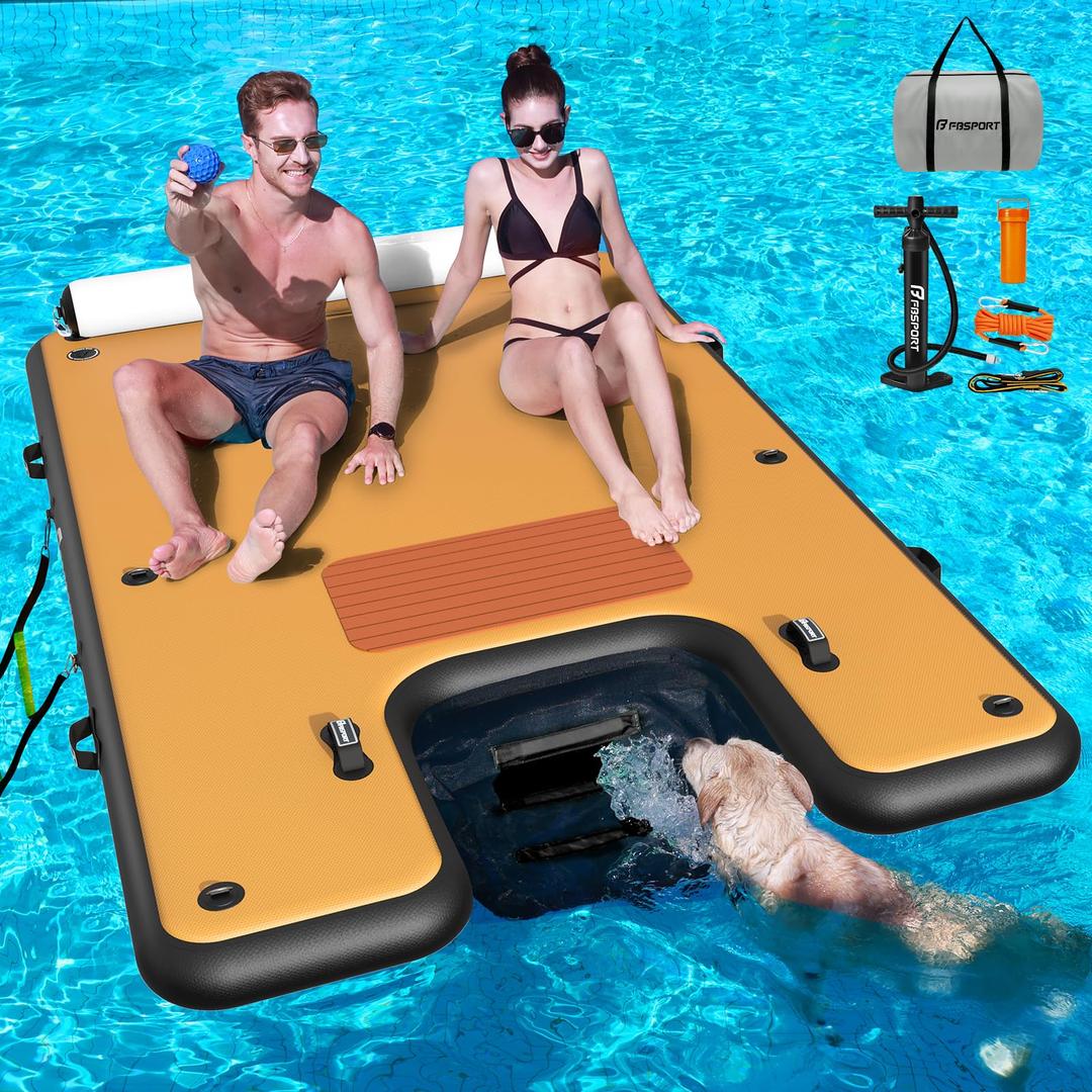 FBSPORT Inflatable Floating Dock with Boat Ramp, Non-Slip Air Dock Floating Platform with Water Ladder and Headrest, Inflatable Island Water Raft for Pool Lake Beach Ocean