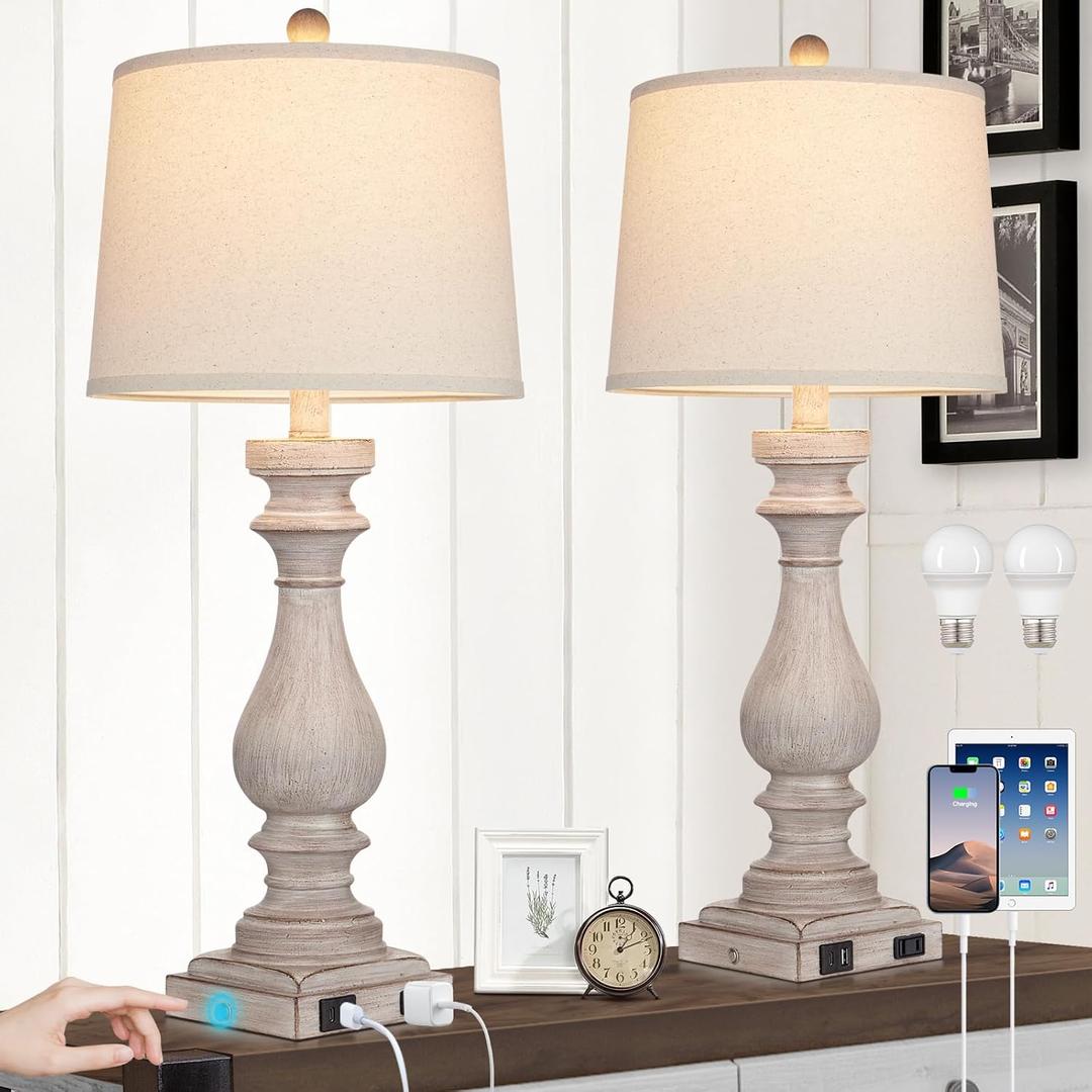 29" Tall Table Lamp for Living Room Set of 2,Vintage Bedside Nightstand Lamps with USB C+A Ports & AC Outlet,3-Way Dimmable Touch Control White Washed Finish Desk Lamp for Bedroom,Color 2
