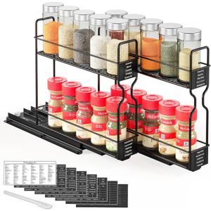 SpaceAid Pull Out Spice Rack Organizer for Cabinet, Heavy Duty Slide Out Seasoning Kitchen Organizer, Cabinet Organizer, with Labels, 5.2" W x10.75 D x10 H, 2 Drawers 2-Tier