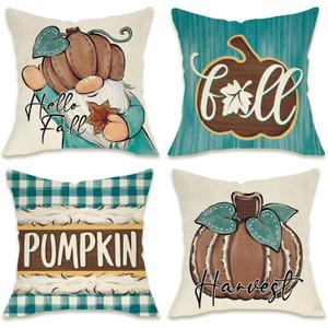Fahrendom Hello Fall Pumpkin Gnome Decorative Throw Pillow Covers 18 x 18 Set of 4, Autumn Harvest Teal Blue Plaid Check Porch Outdoor Pillowcase, Maple Leaves Farmhouse Rustic Cushion Case Home Decor