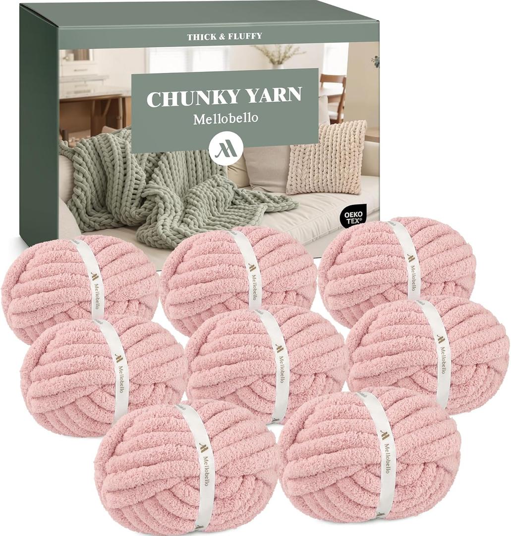 Mellobello Jumbo Chunky Yarn for Hand Knitting - Super Thick Chenille Chunky Yarn for Crocheting - Extra Soft Bulky Fluffy Blanket Big Yarn 8 Jumbo Pack (27yds,8 oz Each Skein) Pink