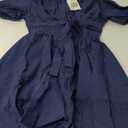 Women's Cute Summer Short Puff Sleeve Tie Cotton Mini Dress (Small, Navy)