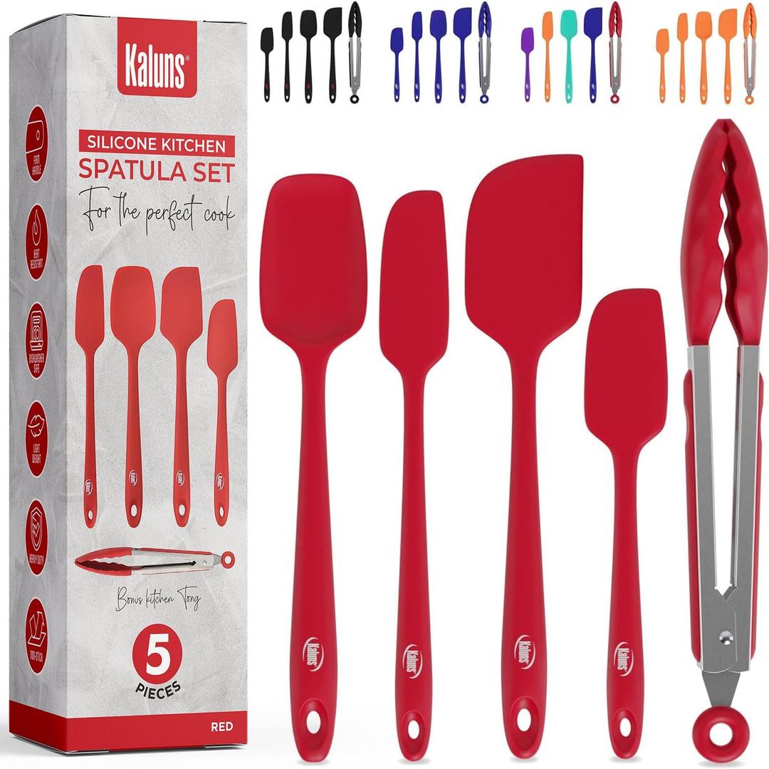 Kaluns Silicone Spatula Set, 4 Rubber Spatulas 600F Heat Resistant, Nonstick Seamless Design with Stainless Steel Core, Dishwasher Safe, BPA free, Bonus Tongs Included