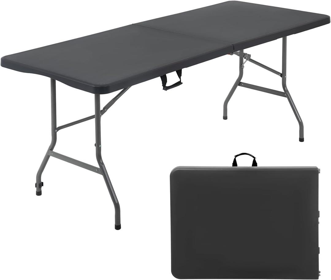FDW 6 Foot Outdoor Dining Table, Foldable Portable Rectangular Plastic Folding Table with Built in Carrying Handle for Party and Wedding Use, Black