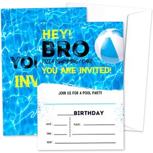 Pool Party Birthday Invitation For Boys, Hey Bro Fill-In Invites Card For Birthday Party, Pool Birthday Cards For Kids Teen, Summer Birthday Party Decoration Supplies, 20 Cards With Envelopes -06