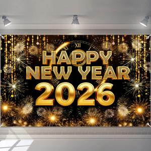 2026 New Years Decorations, 2026 Happy New Year Banner Backdrop, Firework Pattern Banner Sign for 2026 New Year Party Decorations
