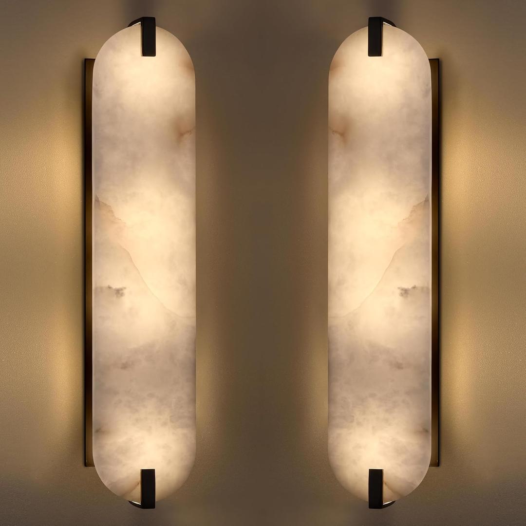 24.7" Natural Oval Alabaster Marble Modern Concise 2 Pack 2 Light Wall Sconce Fixture,Black Finish for Bathroom Bedroom Hallway Bedside Staircase Vanity Mirror