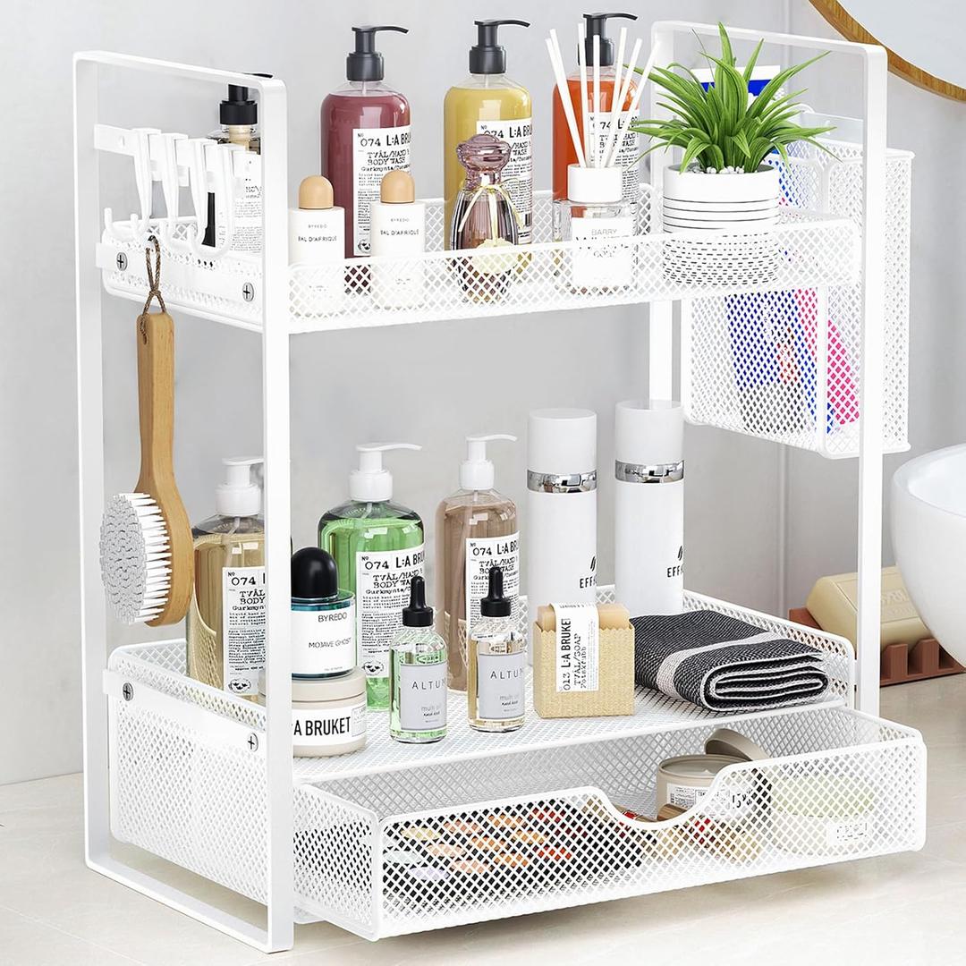 VITVITI 2 Tier Bathroom Organizer Countertop with Drawer, Metal Mesh Bathroom Counter Vanity Organizer Storage, Bath Room Shelf Sink Kitchen Spice Rack with Basket Hooks, White