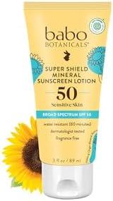 Babo Botanicals Sheer Mineral Sunscreen Lotion SPF 50 with 100% Mineral Active Ingredients for Babies, Kids or Extra Sensitive Skin, Lightweight, Water Resistant & Fragrance Free, Multicolor, Unscented, 3 Fl Oz Exp 03/2028