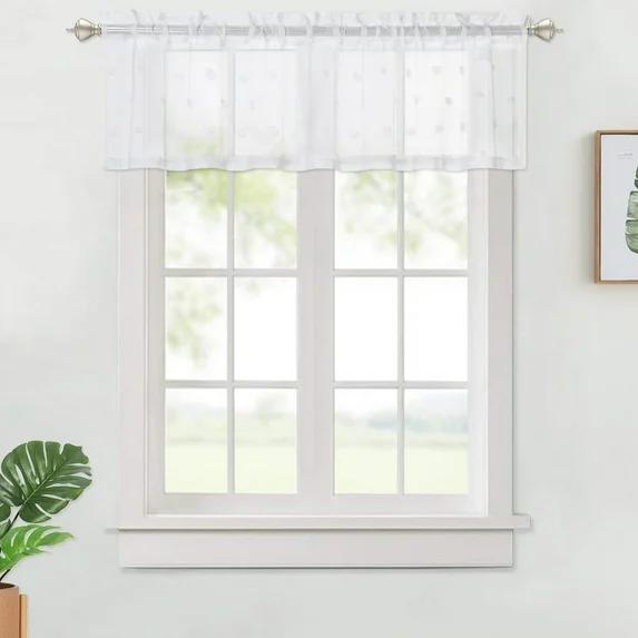 Kitchen Curtain Valance 54"W x 15"L Sheer Valance Curtains for Cafe Light Filtering Linen Textured Look Bathroom Window Curtain, White Pompoms, 1 Panel