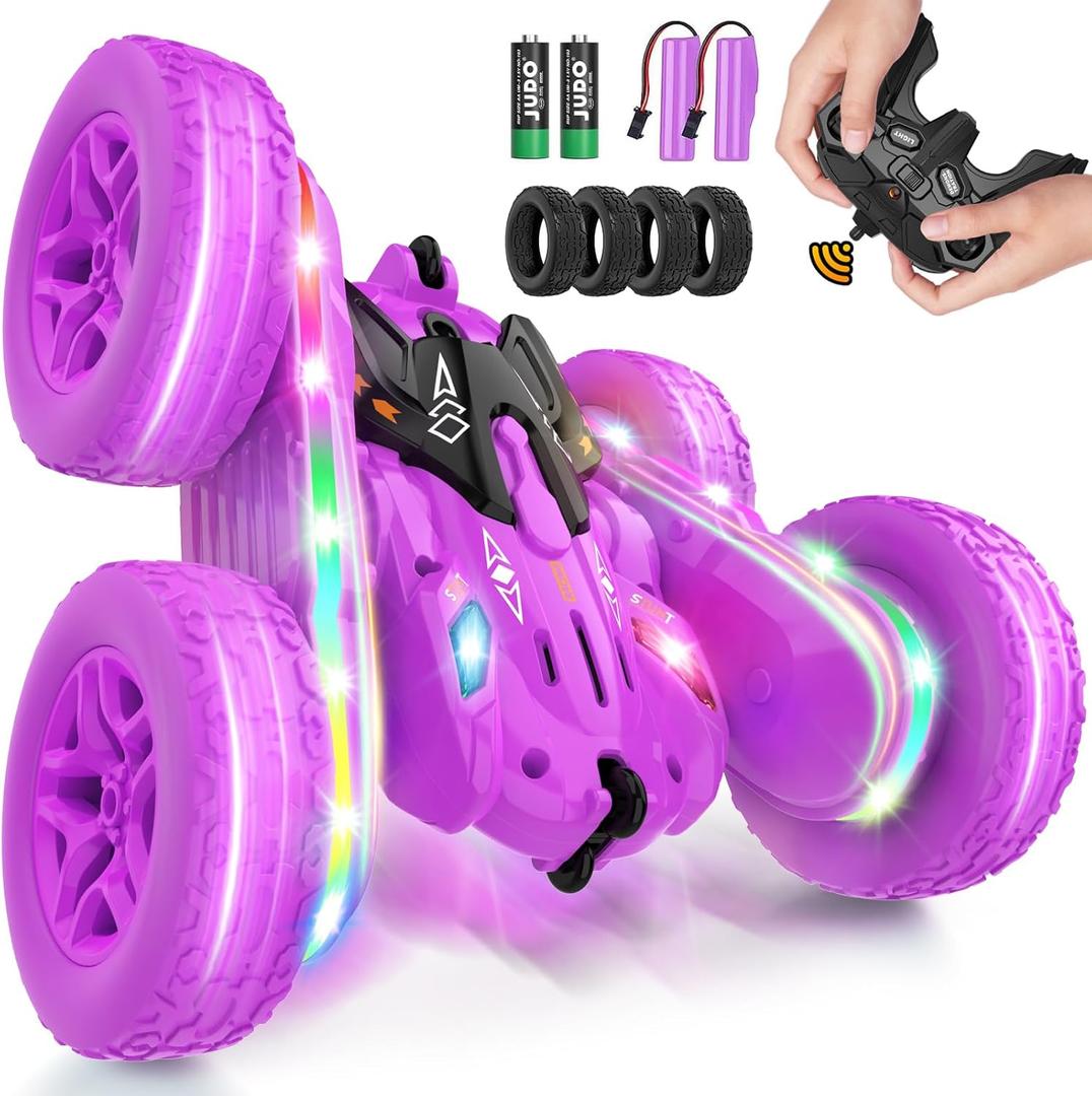Remote Control Cars for Girls, 2.4GHz RC Stunt Car with 360 Flips & Double Sided Driving, LED Strip Lights and Headlights, Changeable Wheels, Birthday Gift for 5-12 Year Old Girls (Purple)