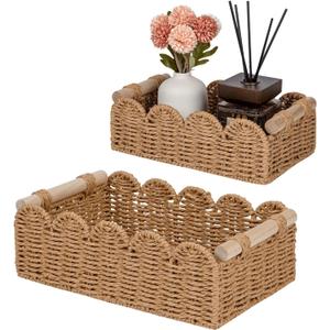 CubesLand Toilet Paper Storage Organizer Basket, Scalloped Decorative Baskets for Over Toilet Shelves, Wicker Small Basket Perfect for Home Countertop Storage & Decor, Living Room Shelf Decor, Neutral